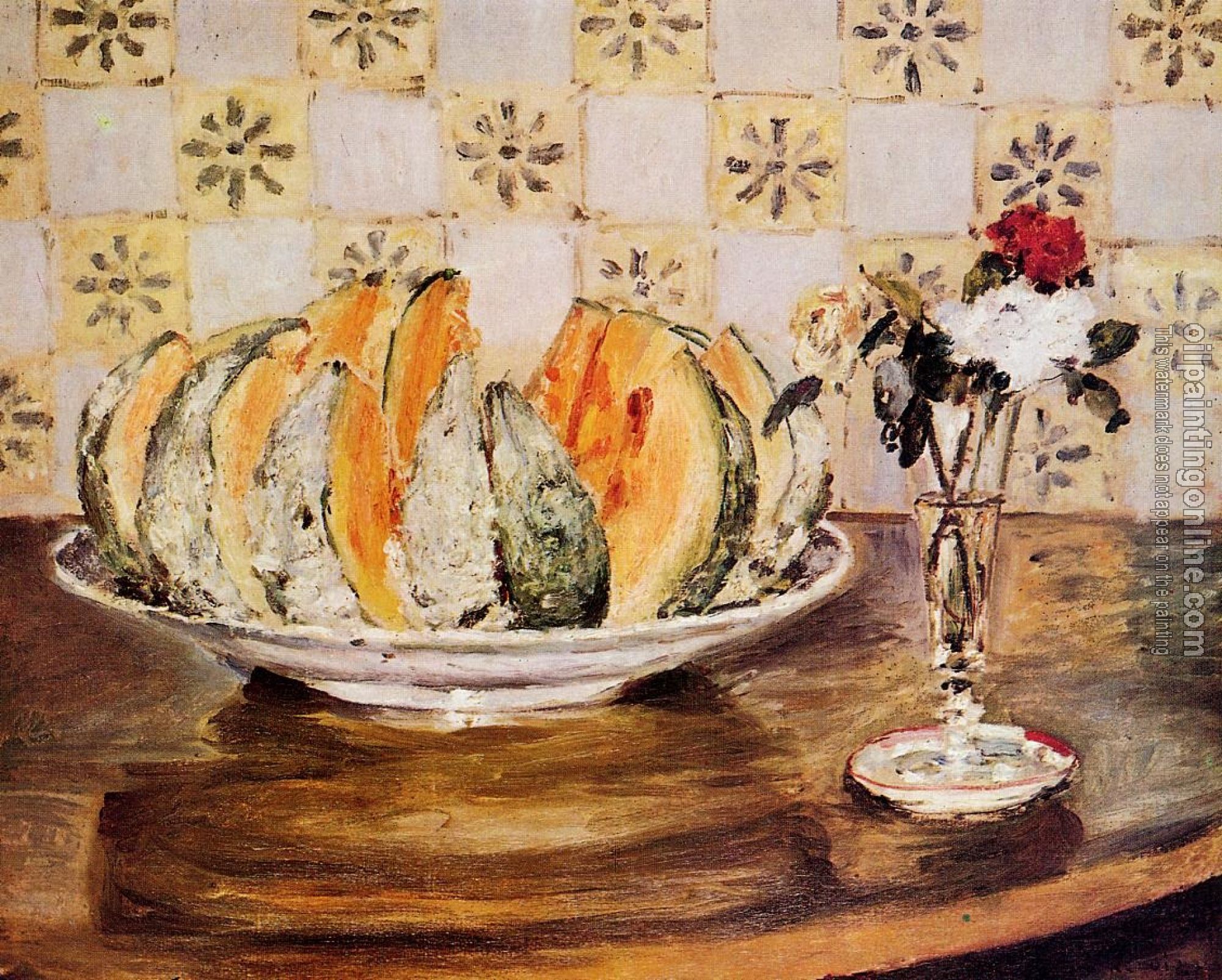 Renoir, Pierre Auguste - Still Life with a Melon and a Vase of Flowers